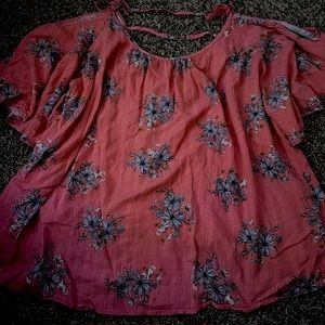 Pink flower flowy shirt with shoulder cut outs